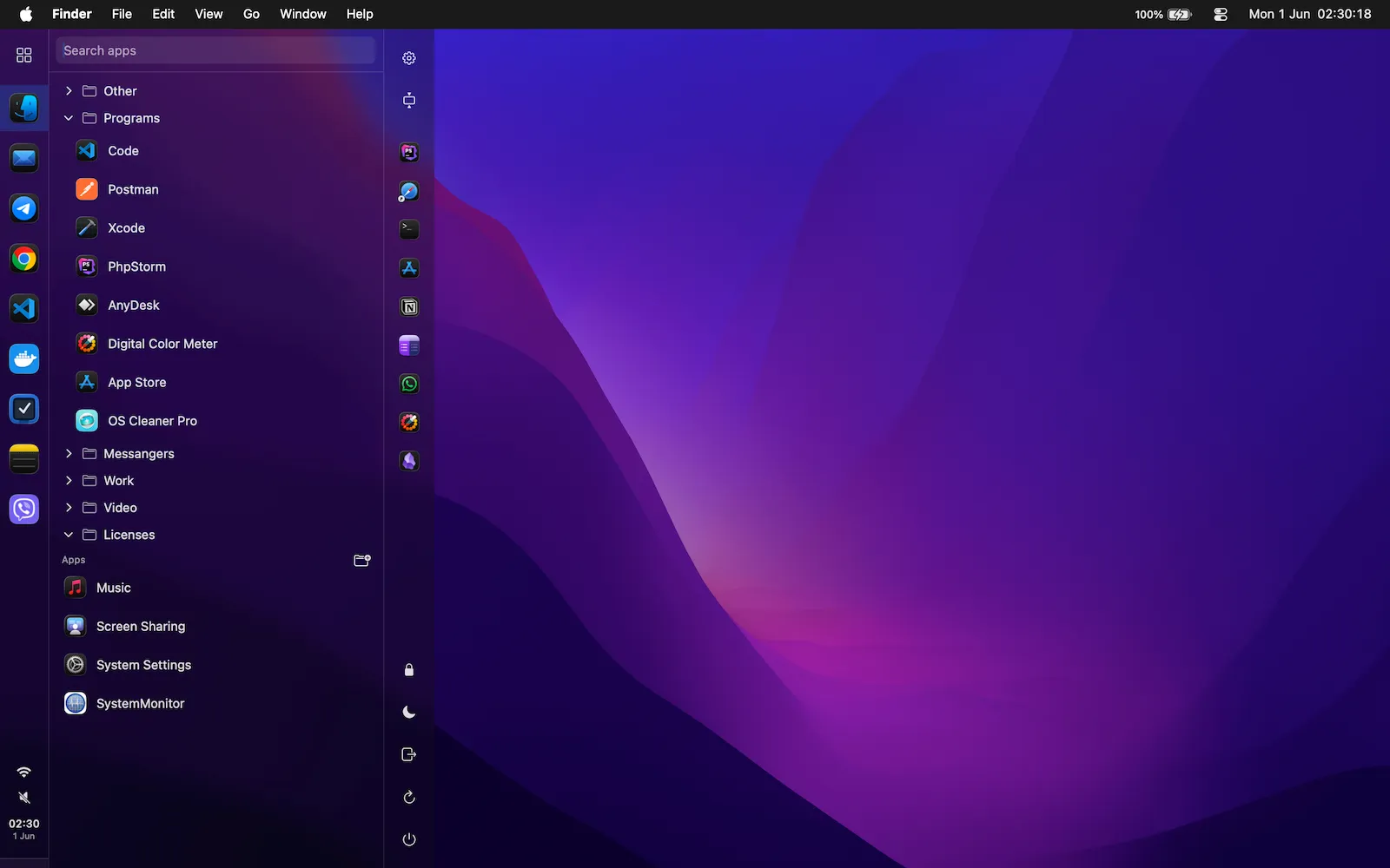 Full-height Start menu with the system tray